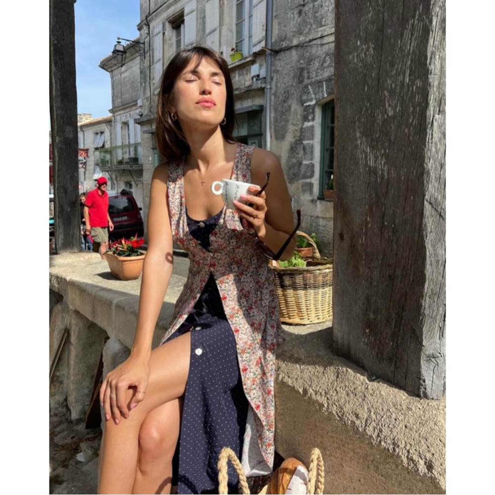 ROUJE Floral Navy Polka Dot Printed Layered Sleeveless Button Down Lorine Dress - Picture 14 of 14